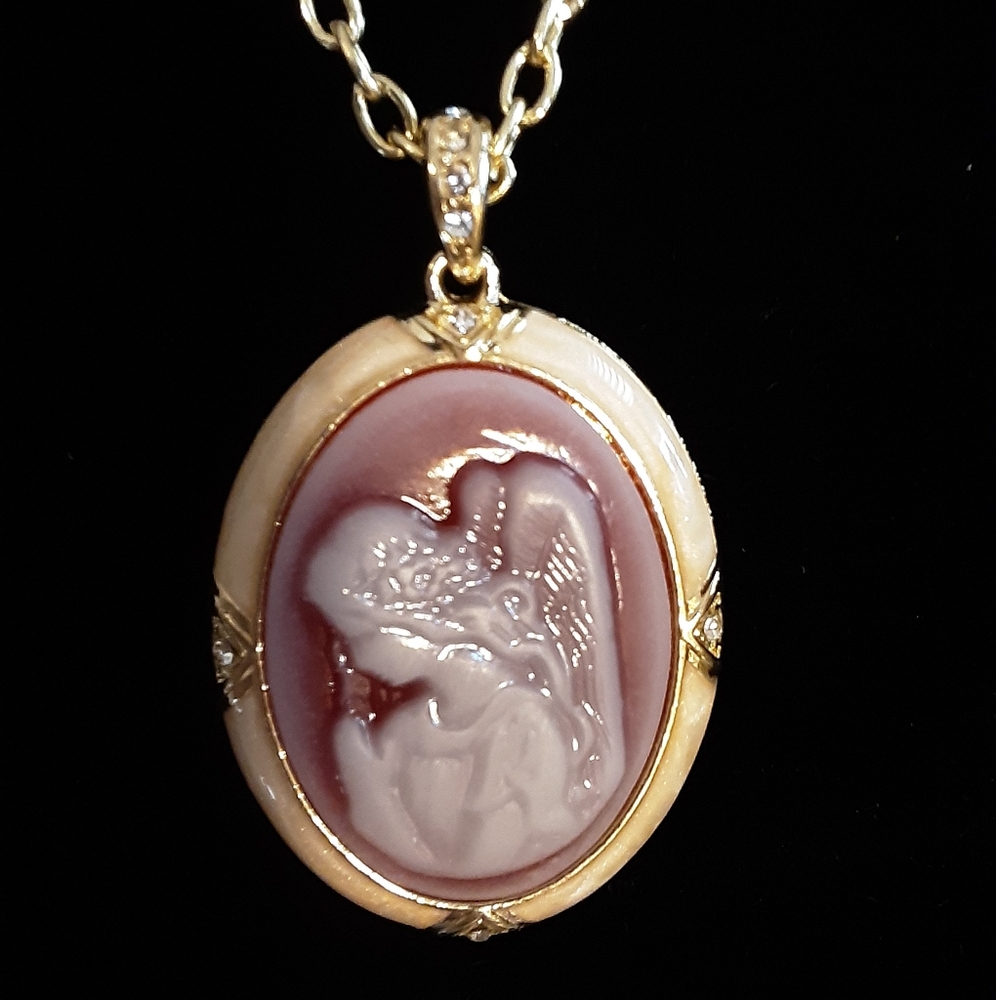 Hand Crafted Angel Cameo Necklace Mauve Pink Victorian Mothers Day,